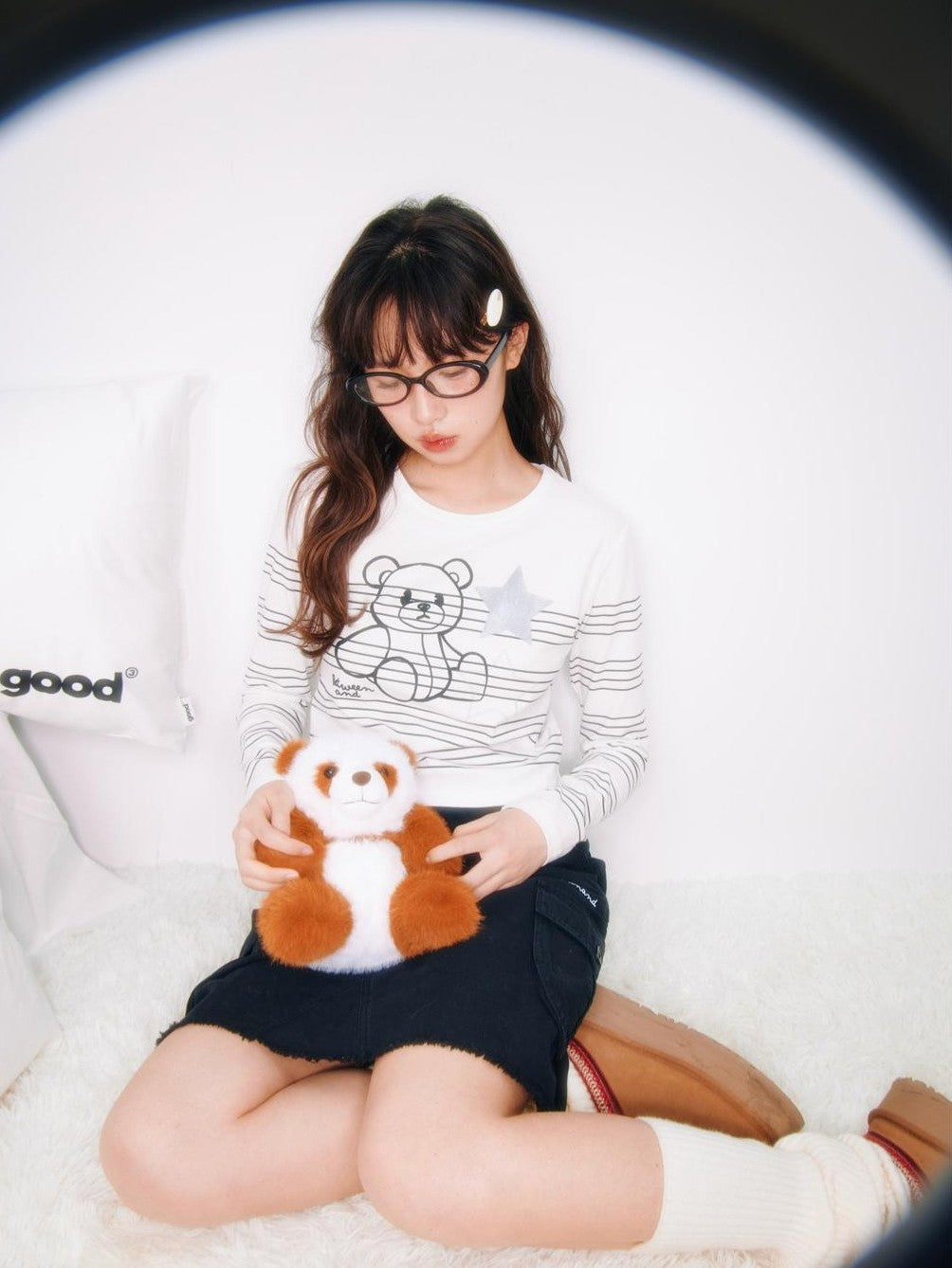 Striped Star Bear Print Women's Cotton Blend Long Sleeve T-shirts