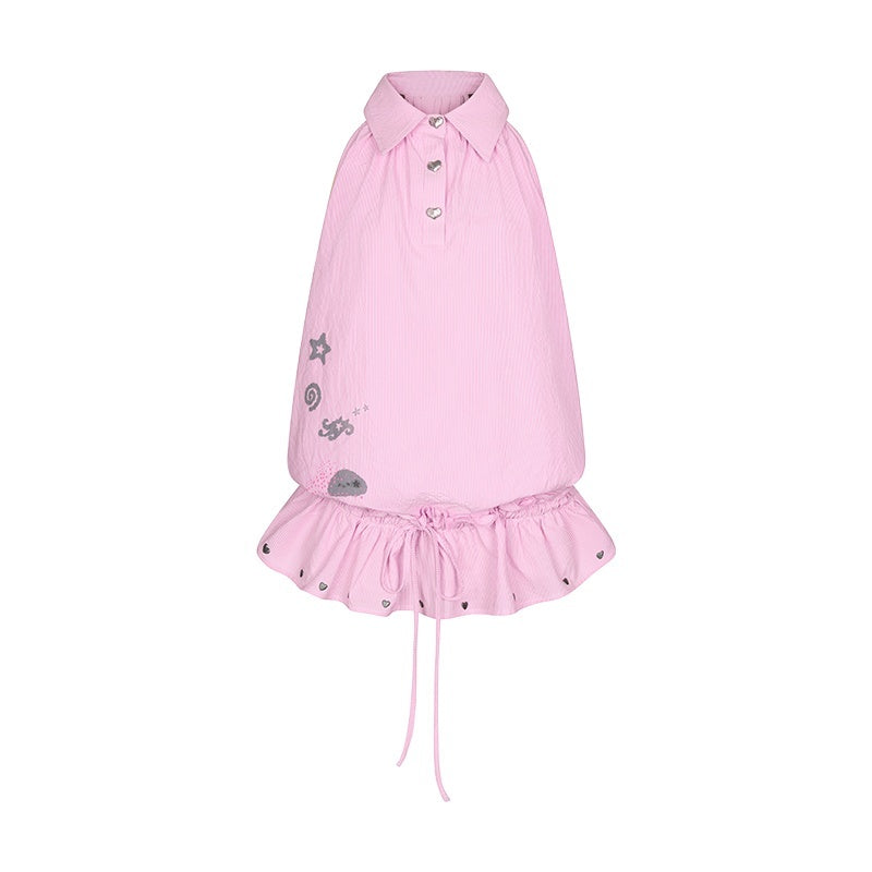 Suiso Pink Island Print Sleeveless Lapel Women's Polyester Casual Mini Dresses