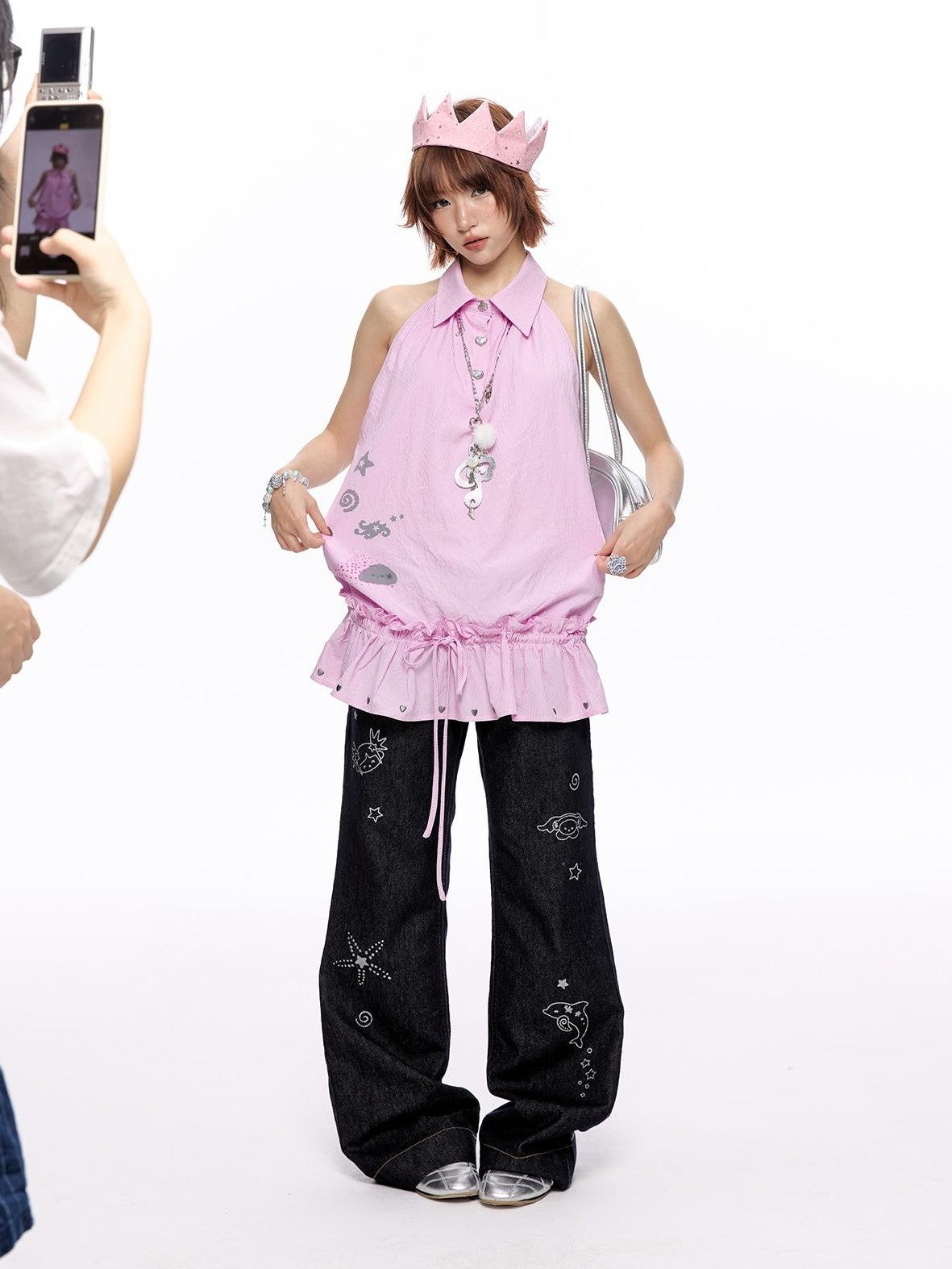 Suiso Pink Island Print Sleeveless Lapel Women's Polyester Casual Mini Dresses