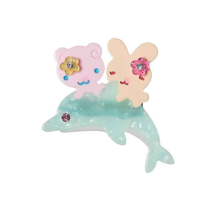 Surfing Dolphin Shark Ocean Motif Claw Women's Acetate Hair Clips