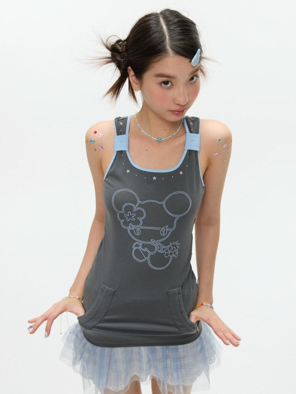 Two Tone Beaded Faux Pocket Racerback Women's Viscose Blend Tank Tops