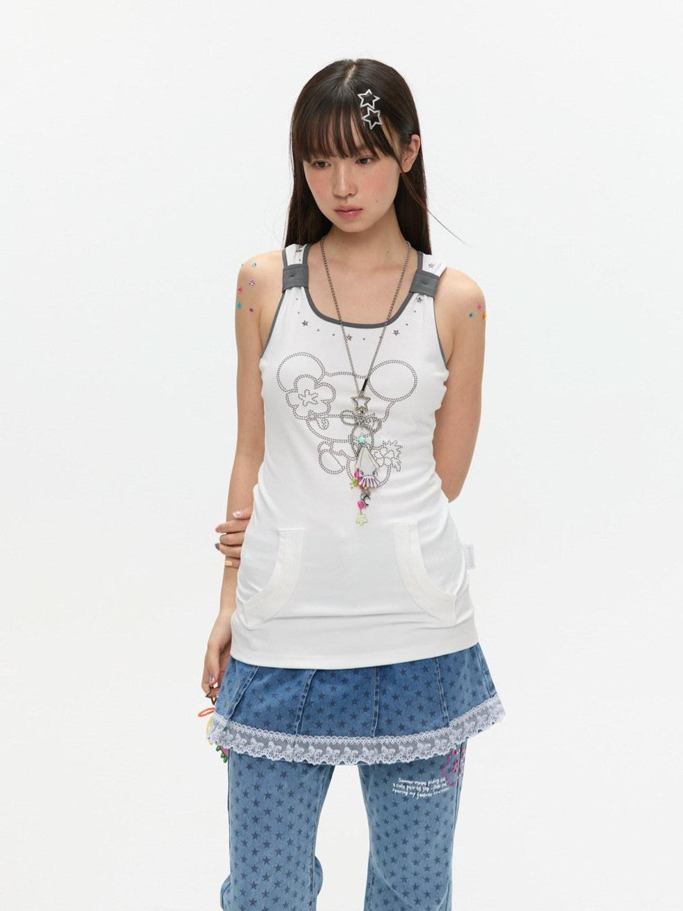 Two Tone Beaded Faux Pocket Racerback Women's Viscose Blend Tank Tops