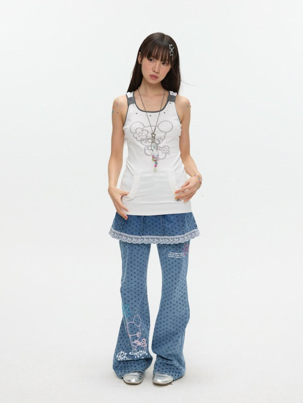 Two Tone Beaded Faux Pocket Racerback Women's Viscose Blend Tank Tops