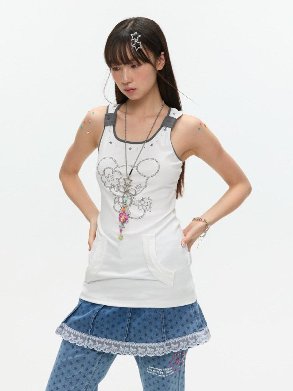Two Tone Beaded Faux Pocket Racerback Women's Viscose Blend Tank Tops