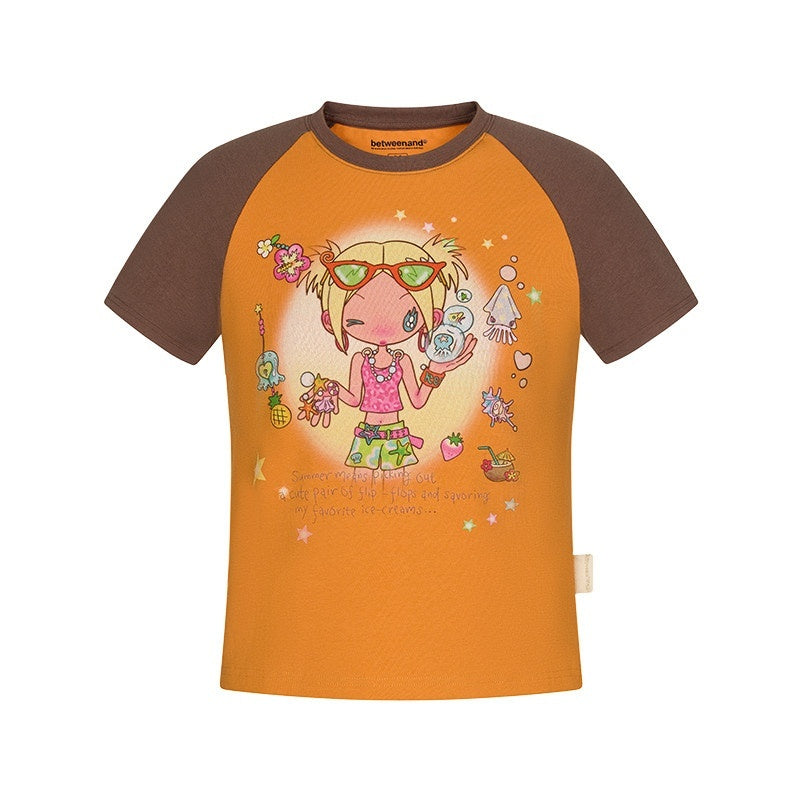 Two Tone Colorblock Raglan Short Sleeve Print Women's Cotton Viscose Crop Tops