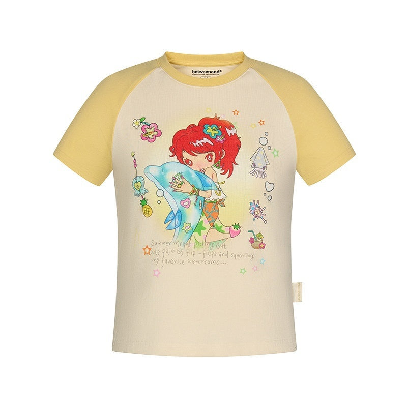 Two Tone Colorblock Raglan Short Sleeve Print Women's Cotton Viscose Crop Tops
