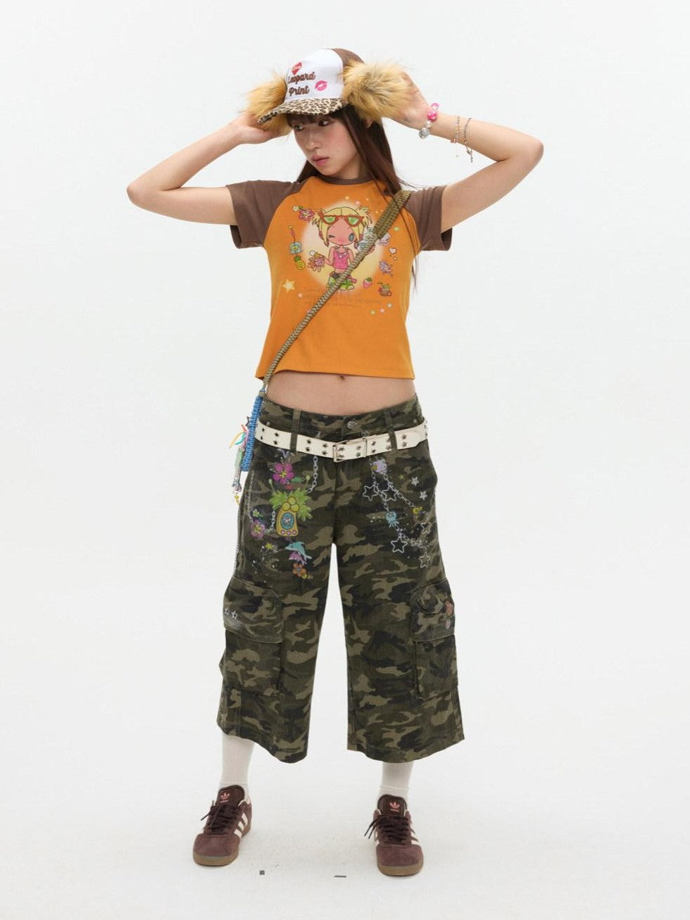 Two Tone Colorblock Raglan Short Sleeve Print Women's Cotton Viscose Crop Tops