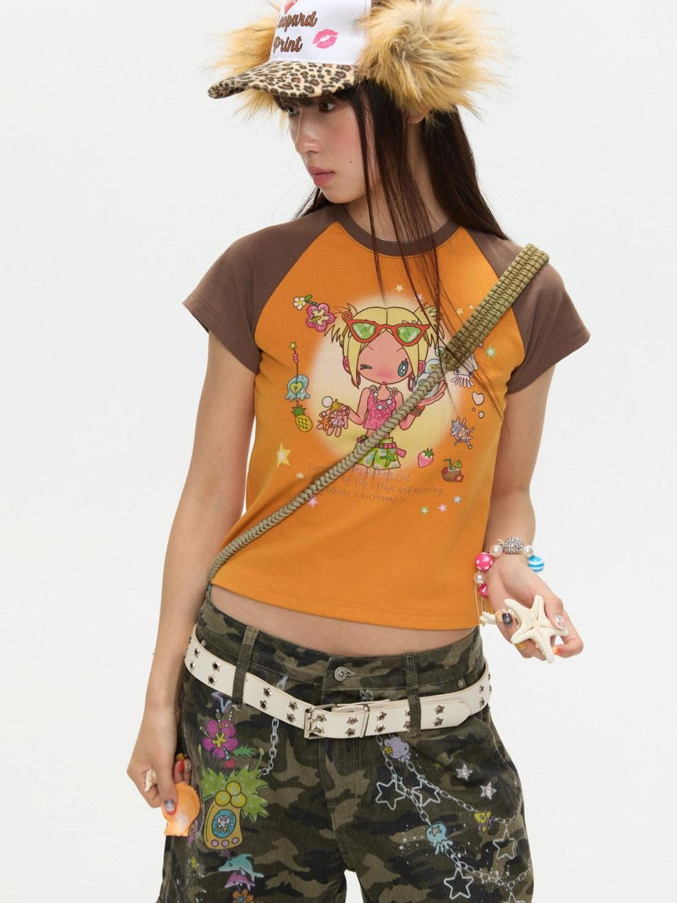 Two Tone Colorblock Raglan Short Sleeve Print Women's Cotton Viscose Crop Tops