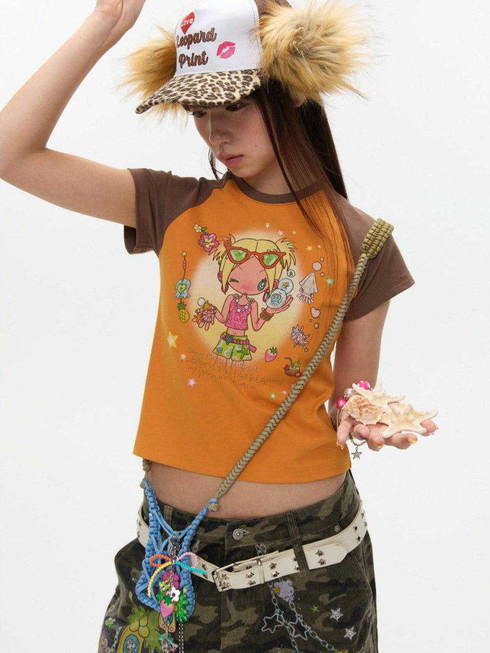 Two Tone Colorblock Raglan Short Sleeve Print Women's Cotton Viscose Crop Tops
