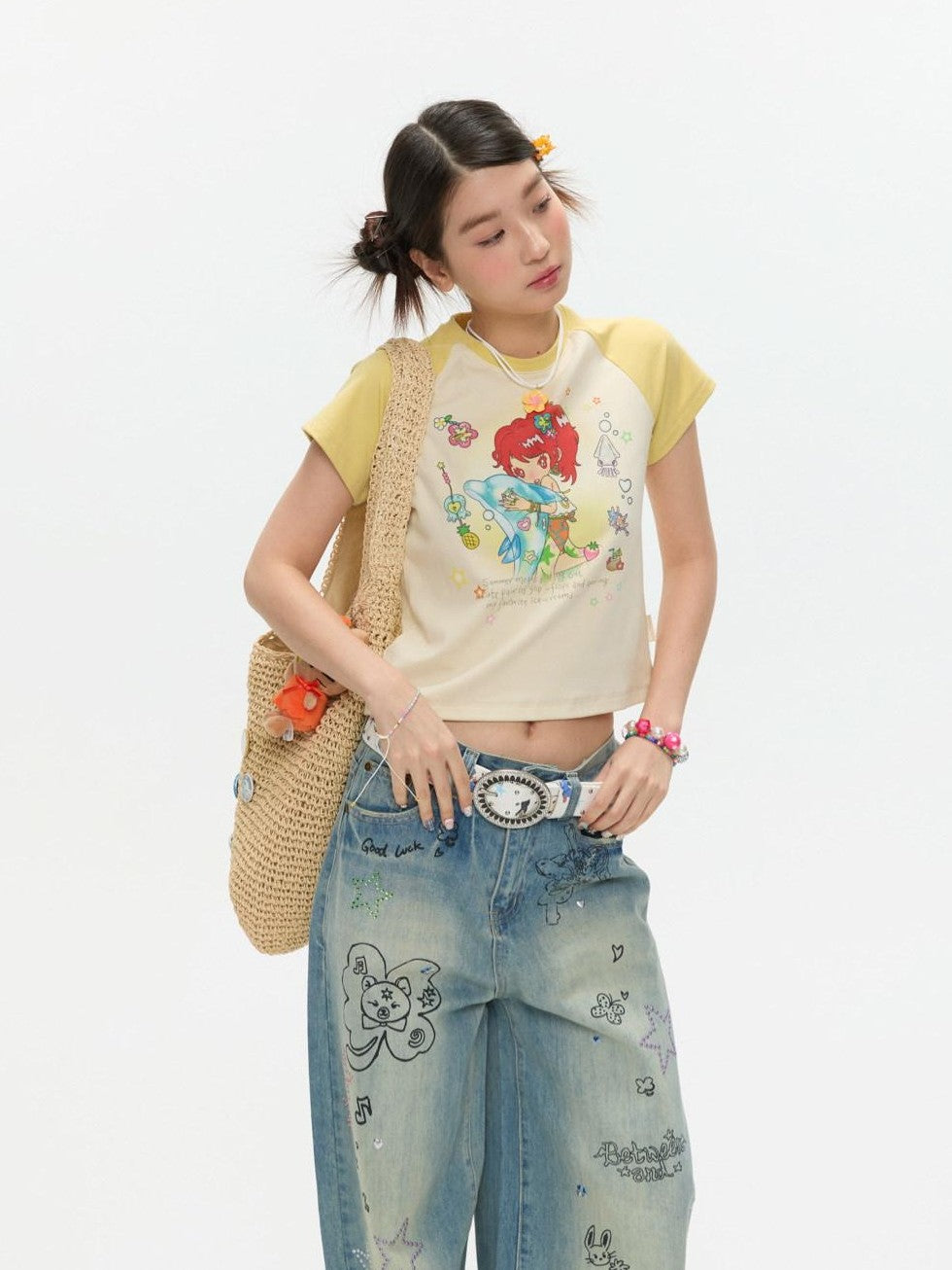 Two Tone Colorblock Raglan Short Sleeve Print Women's Cotton Viscose Crop Tops