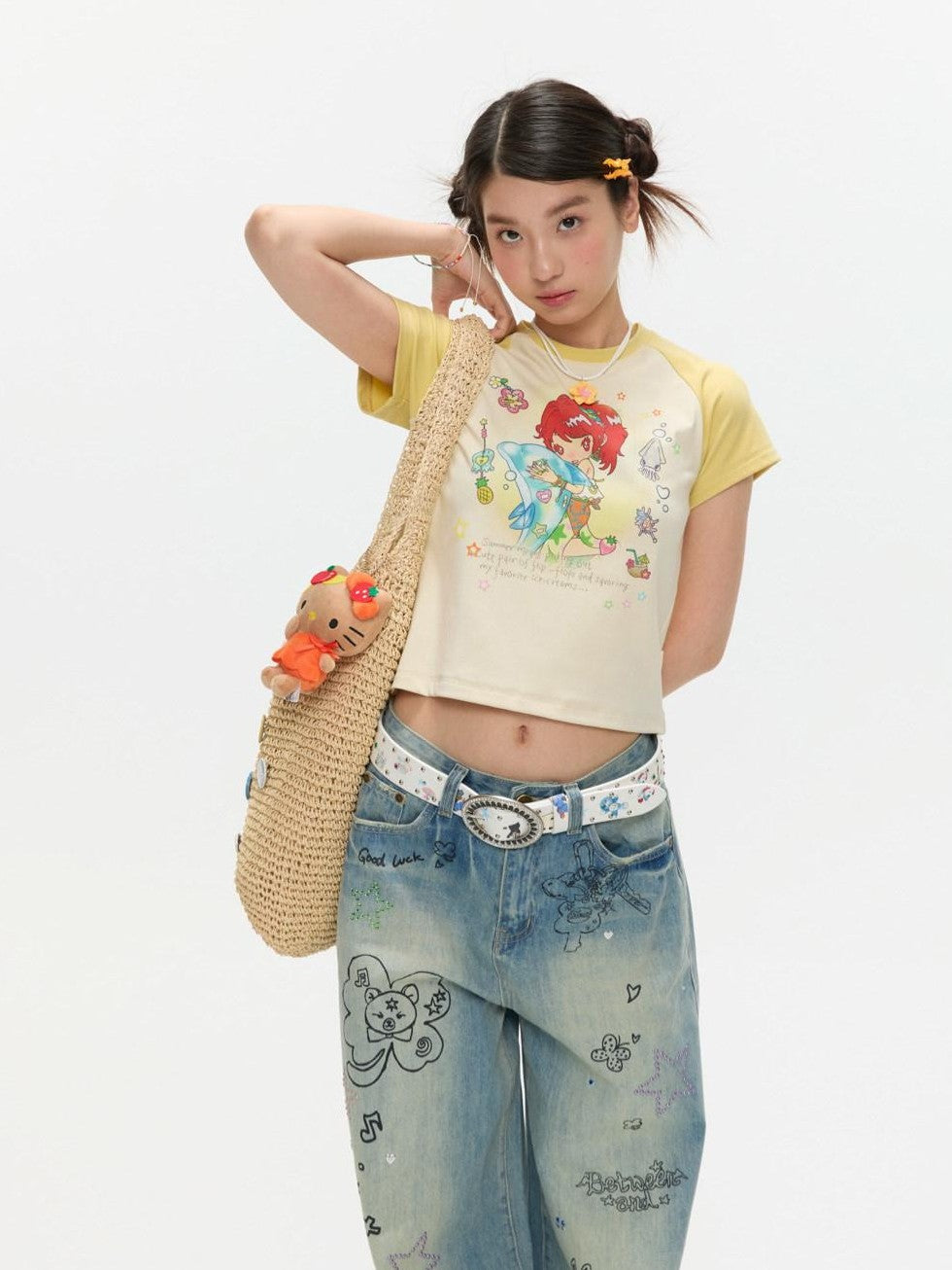 Two Tone Colorblock Raglan Short Sleeve Print Women's Cotton Viscose Crop Tops