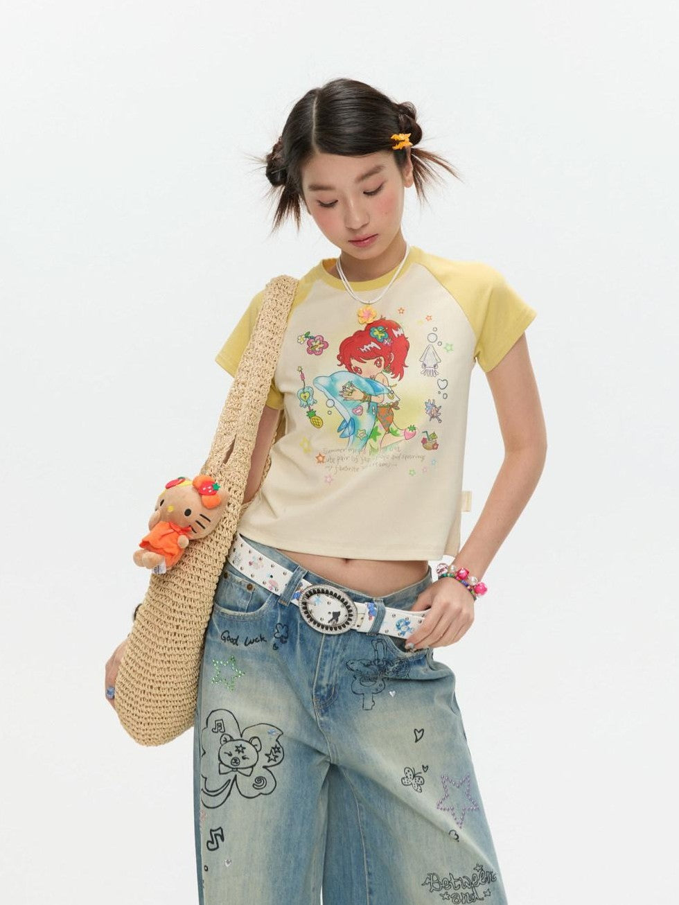 Two Tone Colorblock Raglan Short Sleeve Print Women's Cotton Viscose Crop Tops
