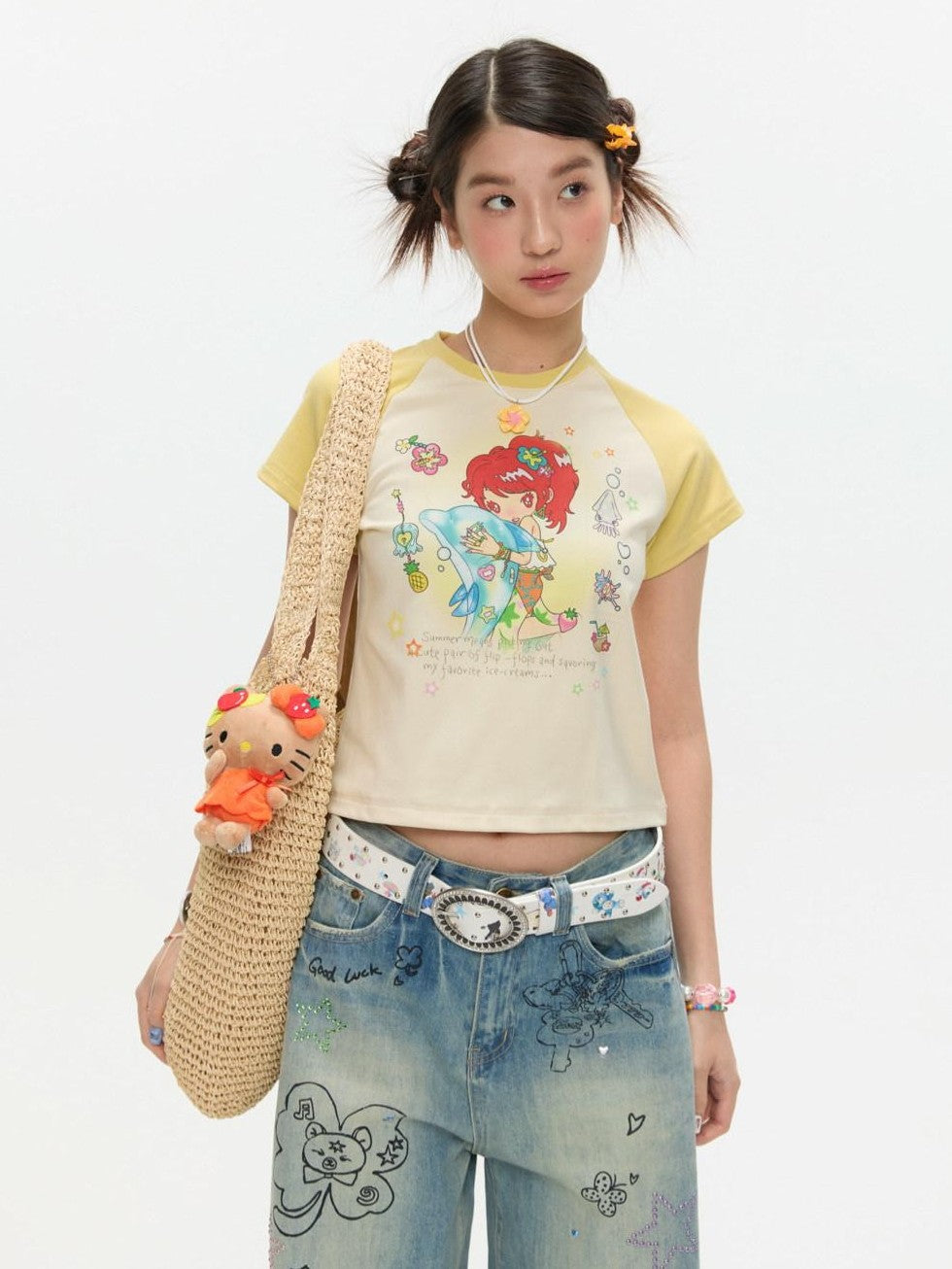 Two Tone Colorblock Raglan Short Sleeve Print Women's Cotton Viscose Crop Tops