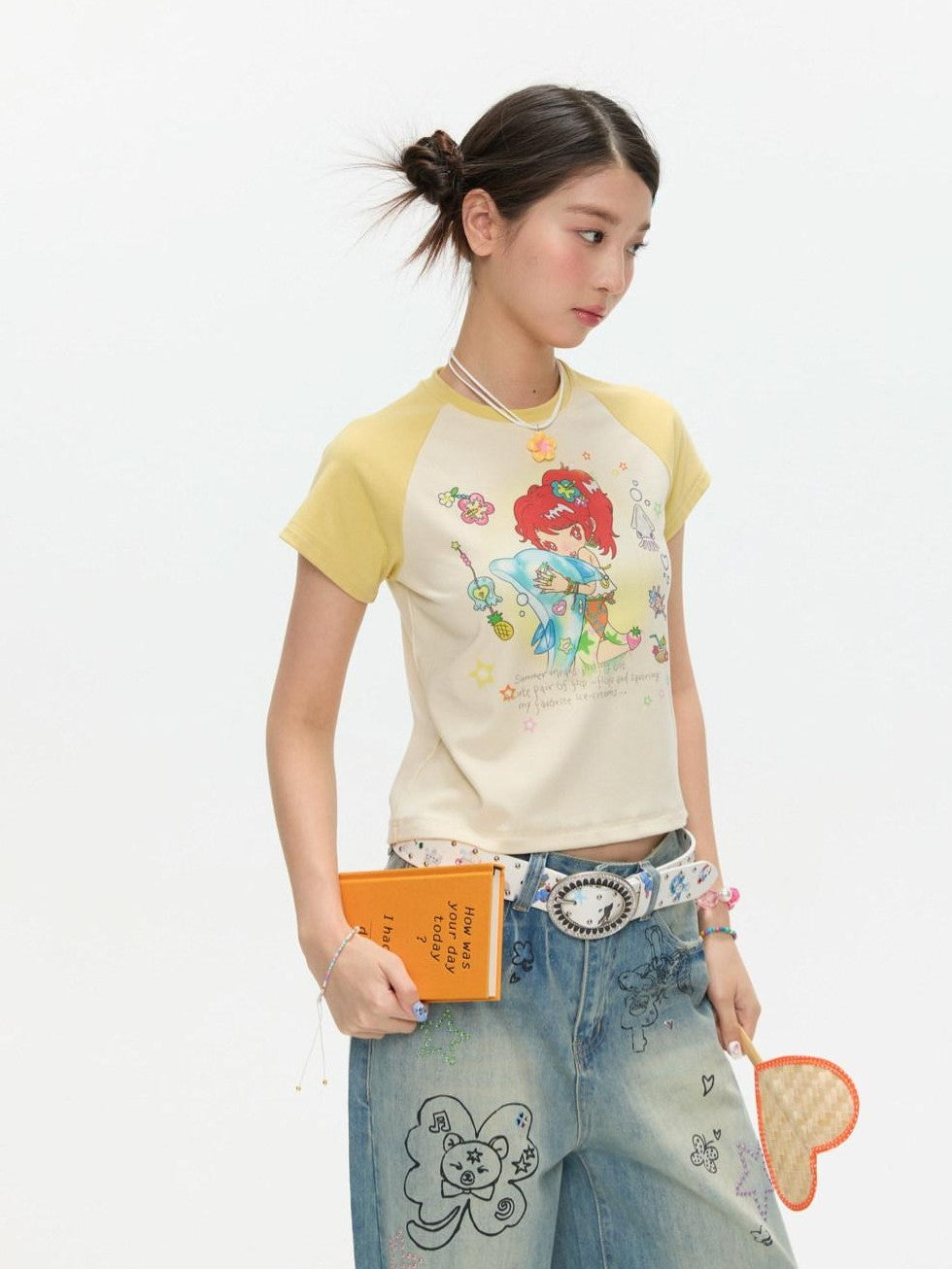 Two Tone Colorblock Raglan Short Sleeve Print Women's Cotton Viscose Crop Tops