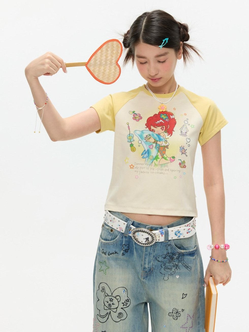 Two Tone Colorblock Raglan Short Sleeve Print Women's Cotton Viscose Crop Tops