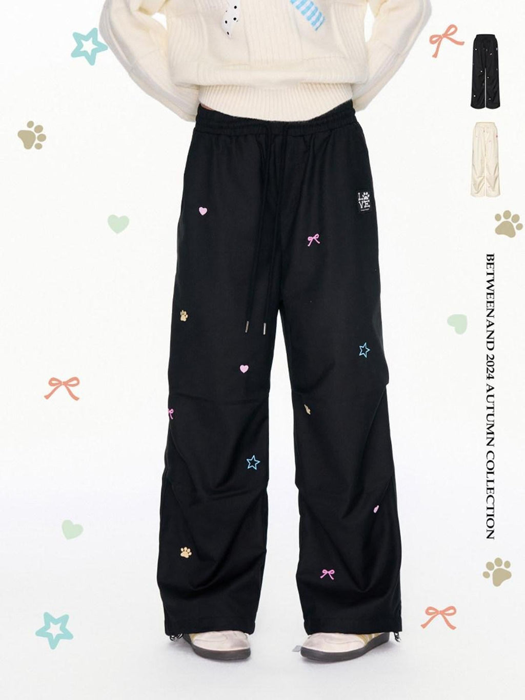 Two Tone Colorful Embroidered Women's Polyester Blend Cargo Pants