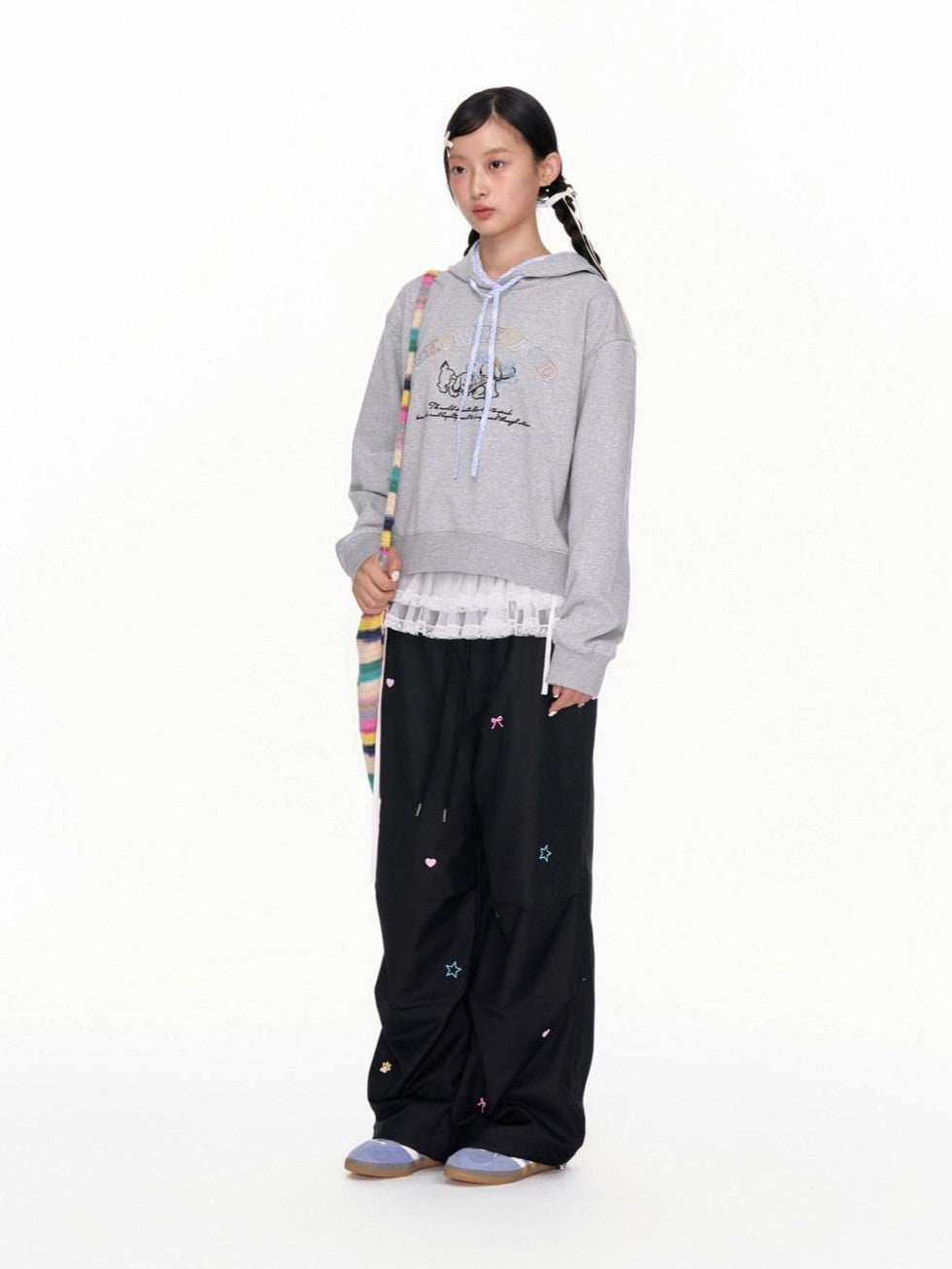 Two Tone Colorful Embroidered Women's Polyester Blend Cargo Pants
