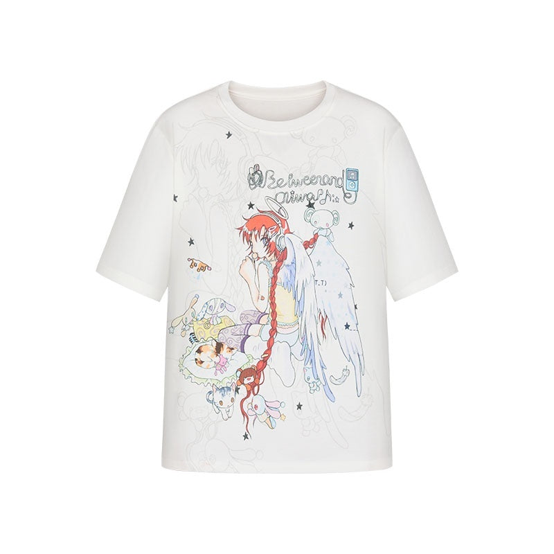 Two Tone Illustrated Loose Women's Lyocell Blend Cooling Short Sleeve T-shirts