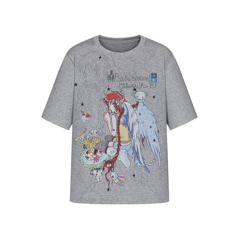 Two Tone Illustrated Loose Women's Lyocell Blend Cooling Short Sleeve T-shirts