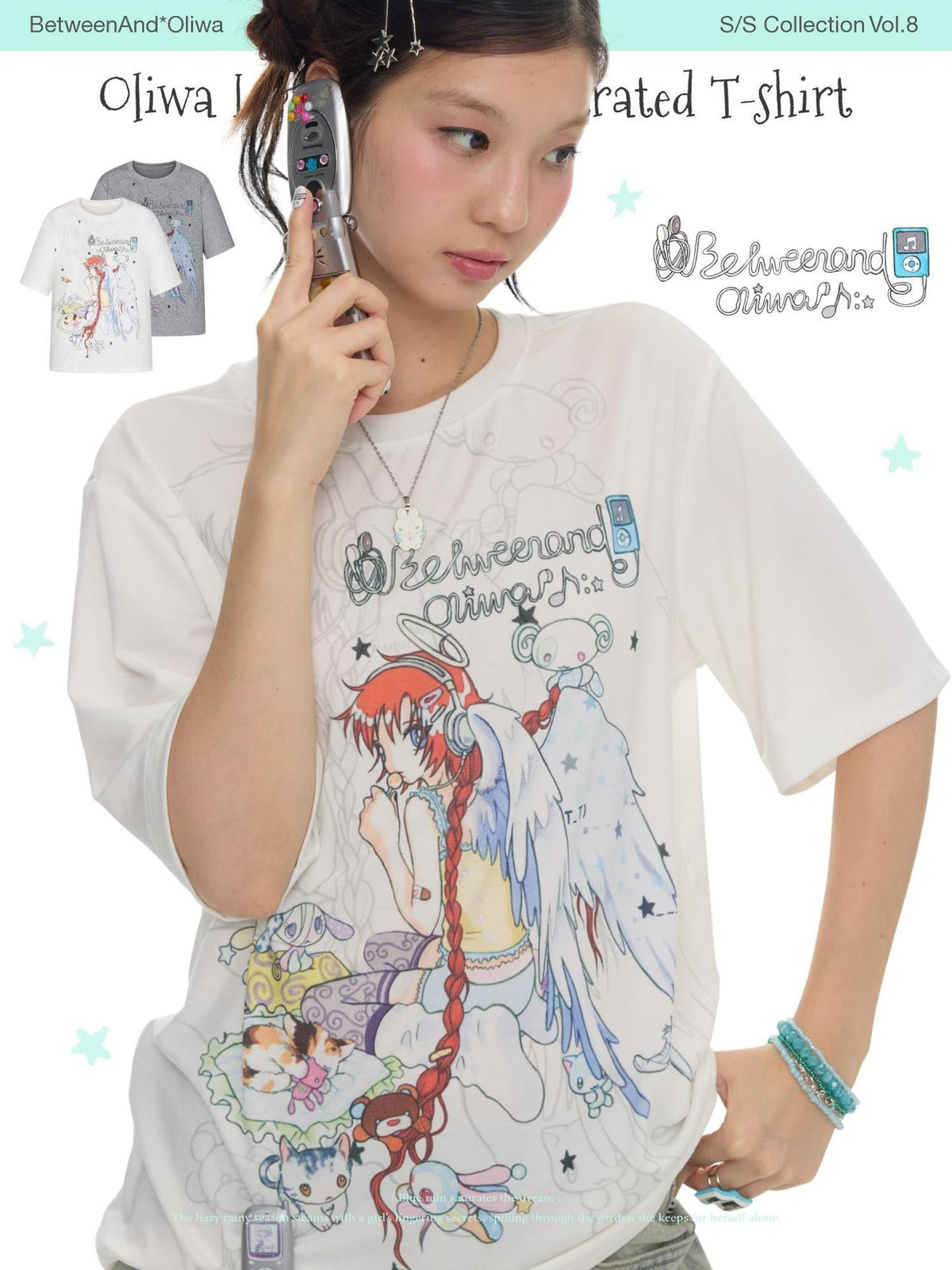 Two Tone Illustrated Loose Women's Lyocell Blend Cooling Short Sleeve T-shirts