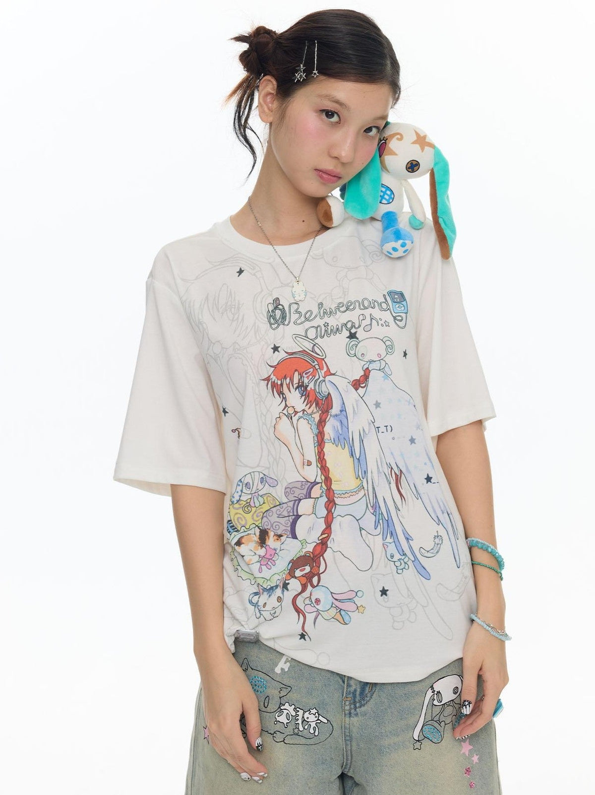 Two Tone Illustrated Loose Women's Lyocell Blend Cooling Short Sleeve T-shirts