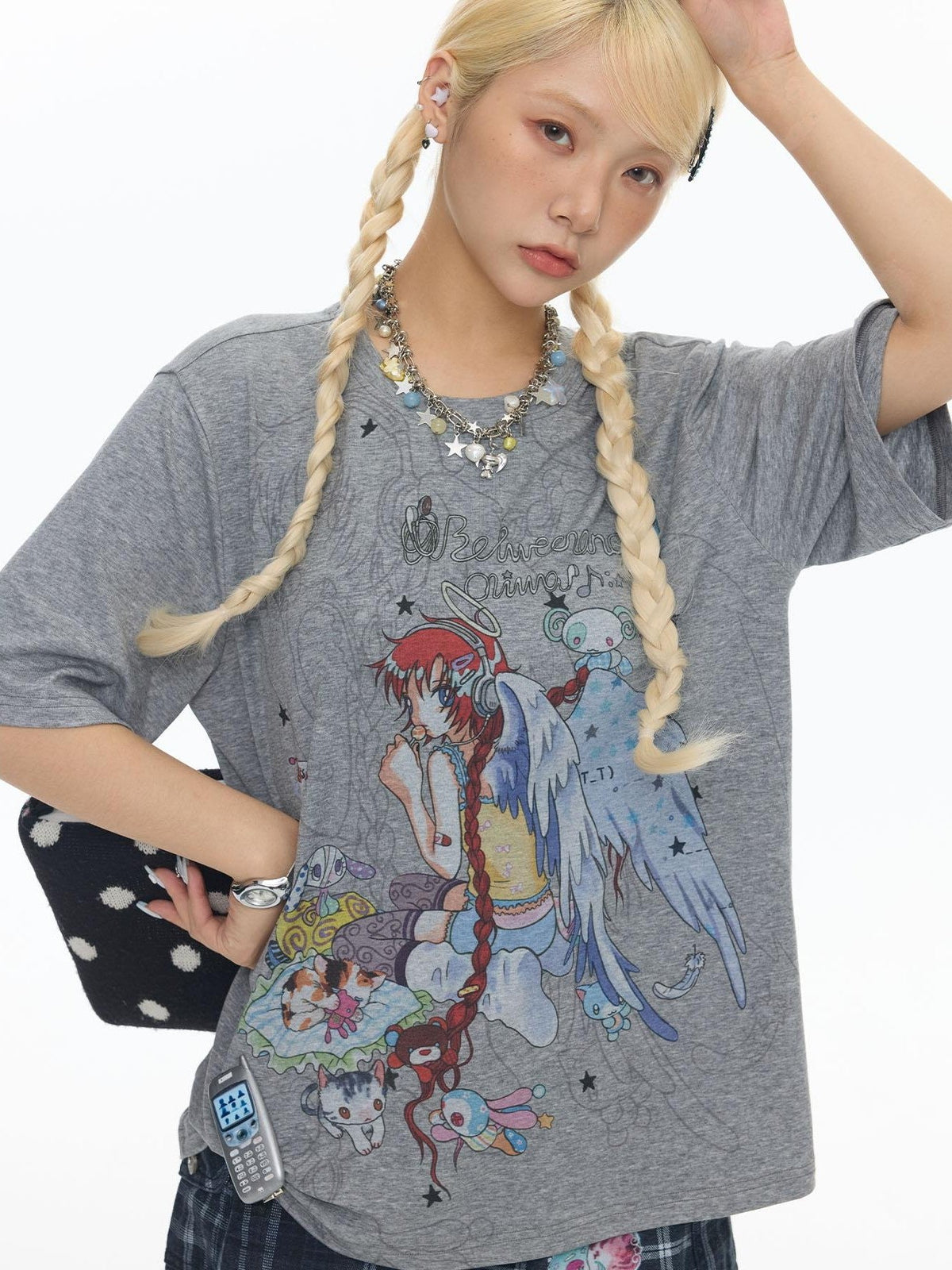 Two Tone Illustrated Loose Women's Lyocell Blend Cooling Short Sleeve T-shirts