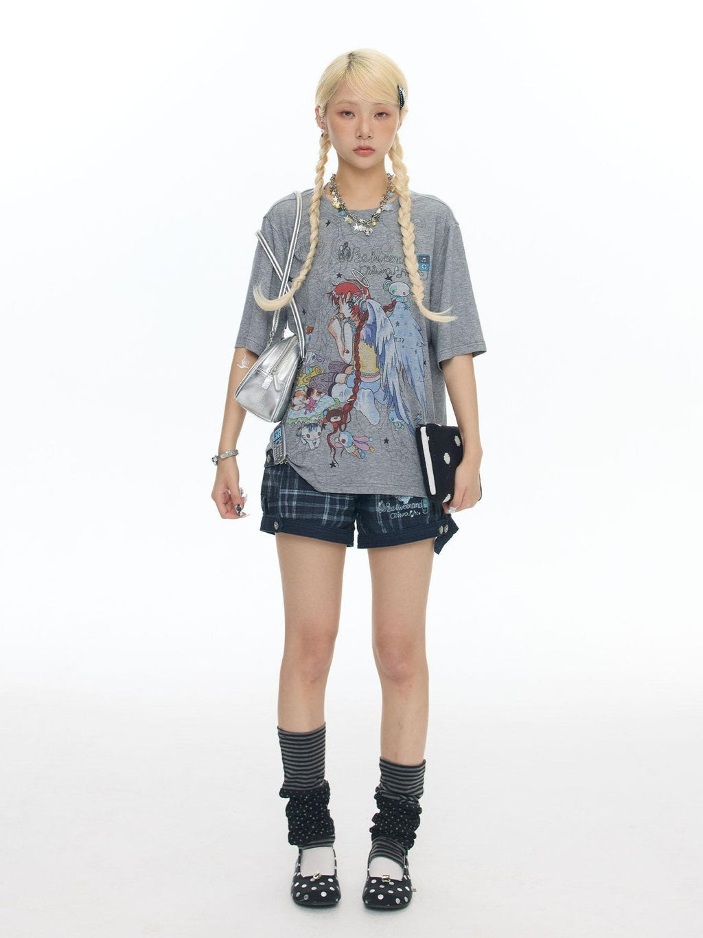 Two Tone Illustrated Loose Women's Lyocell Blend Cooling Short Sleeve T-shirts