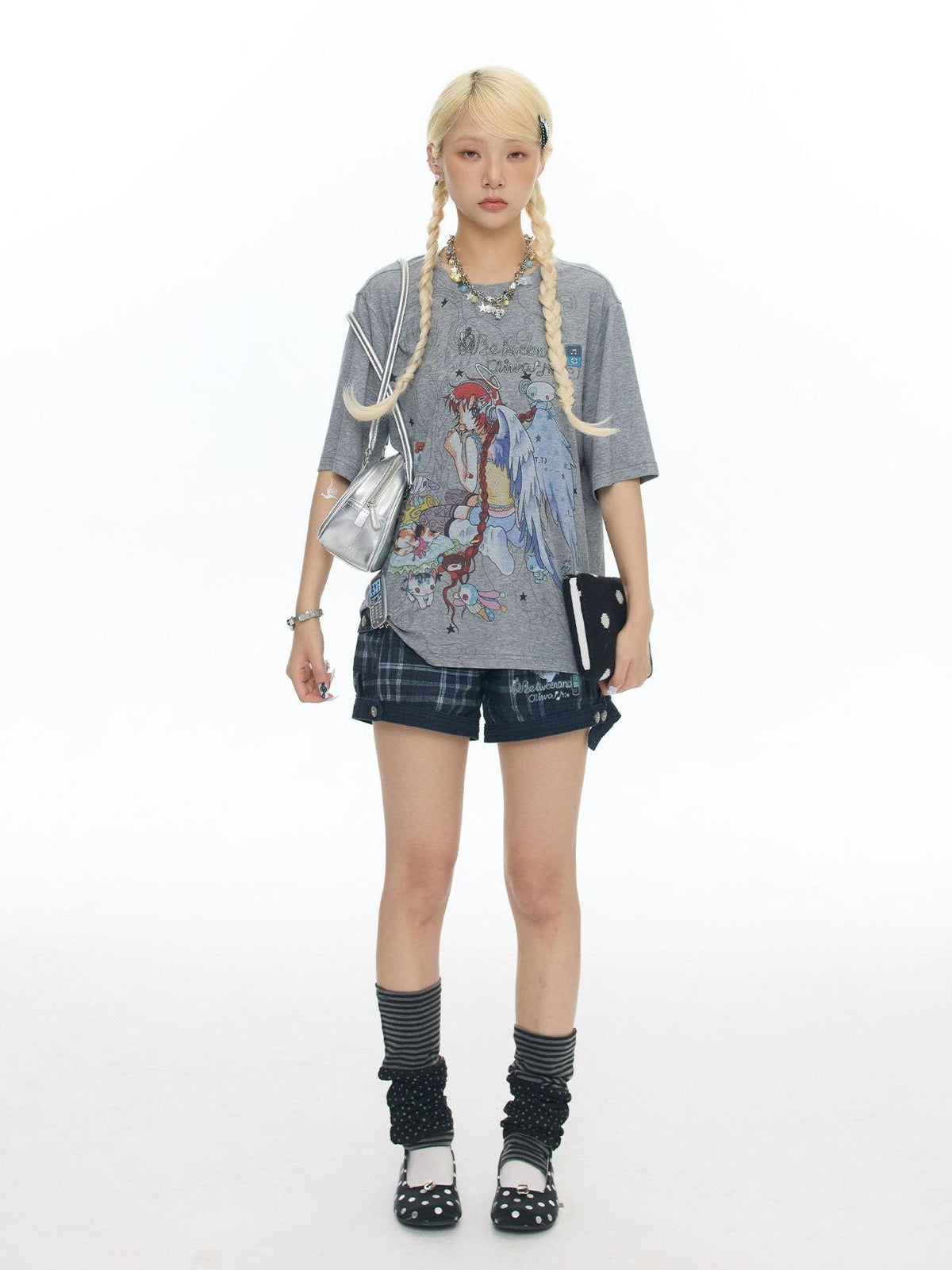 Two Tone Illustrated Loose Women's Lyocell Blend Cooling Short Sleeve T-shirts