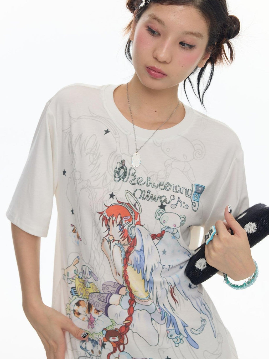 Two Tone Illustrated Loose Women's Lyocell Blend Cooling Short Sleeve T-shirts