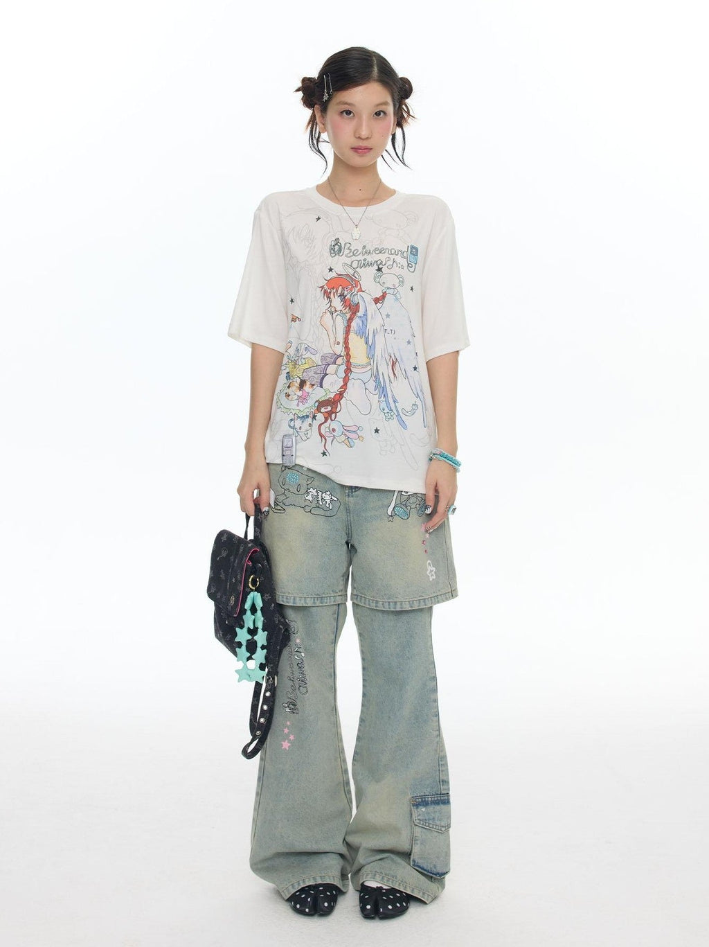 Two Tone Illustrated Loose Women's Lyocell Blend Cooling Short Sleeve T-shirts