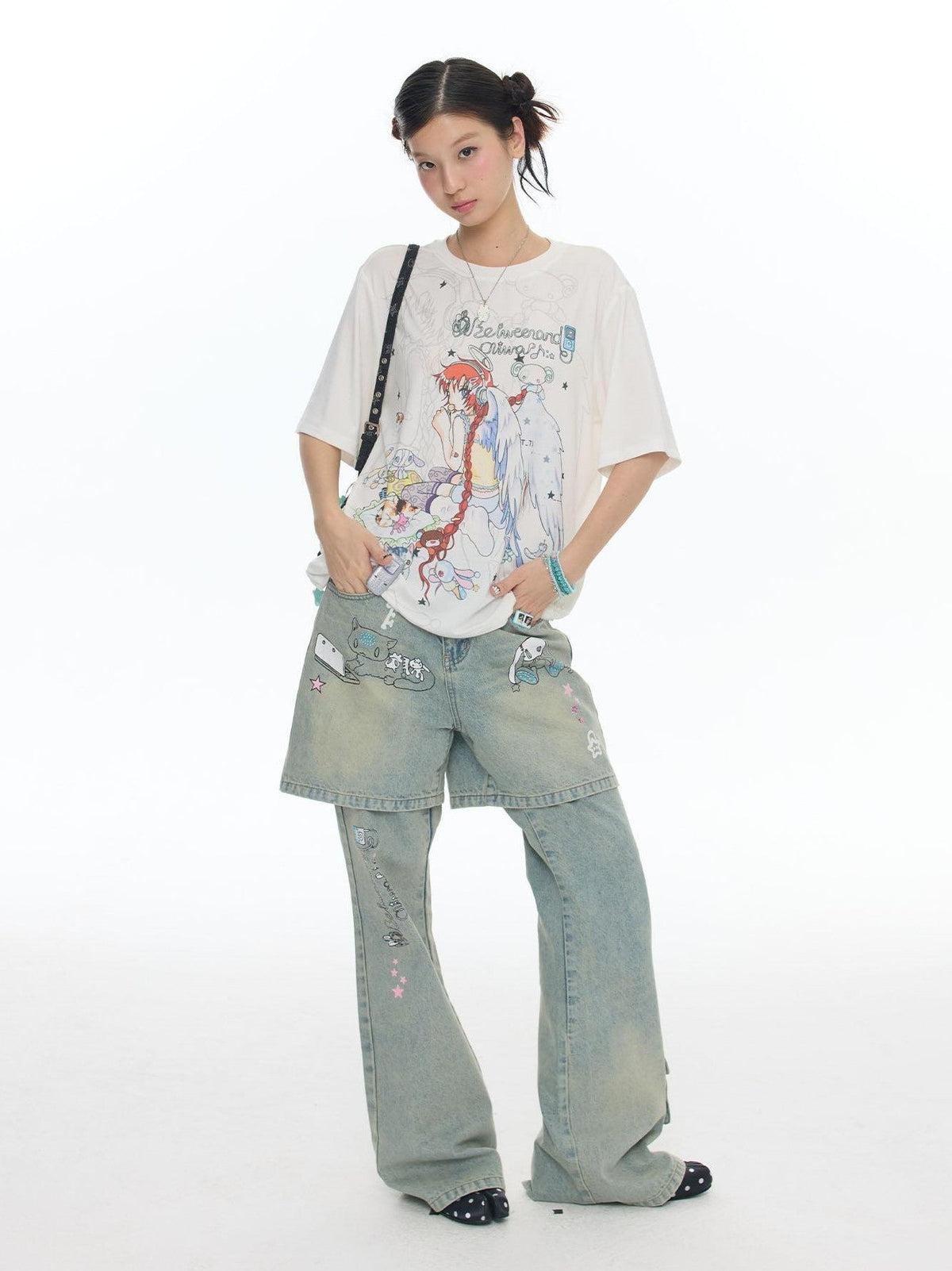 Two Tone Illustrated Loose Women's Lyocell Blend Cooling Short Sleeve T-shirts