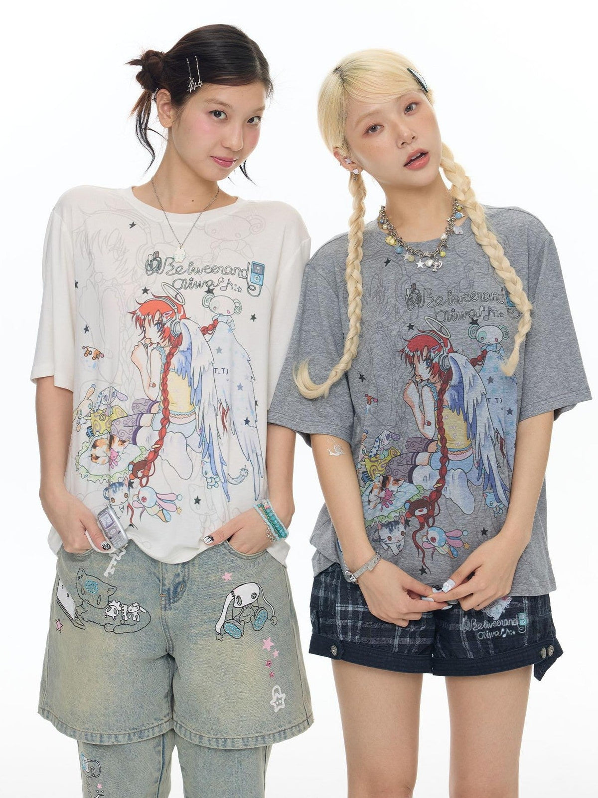 Two Tone Illustrated Loose Women's Lyocell Blend Cooling Short Sleeve T-shirts