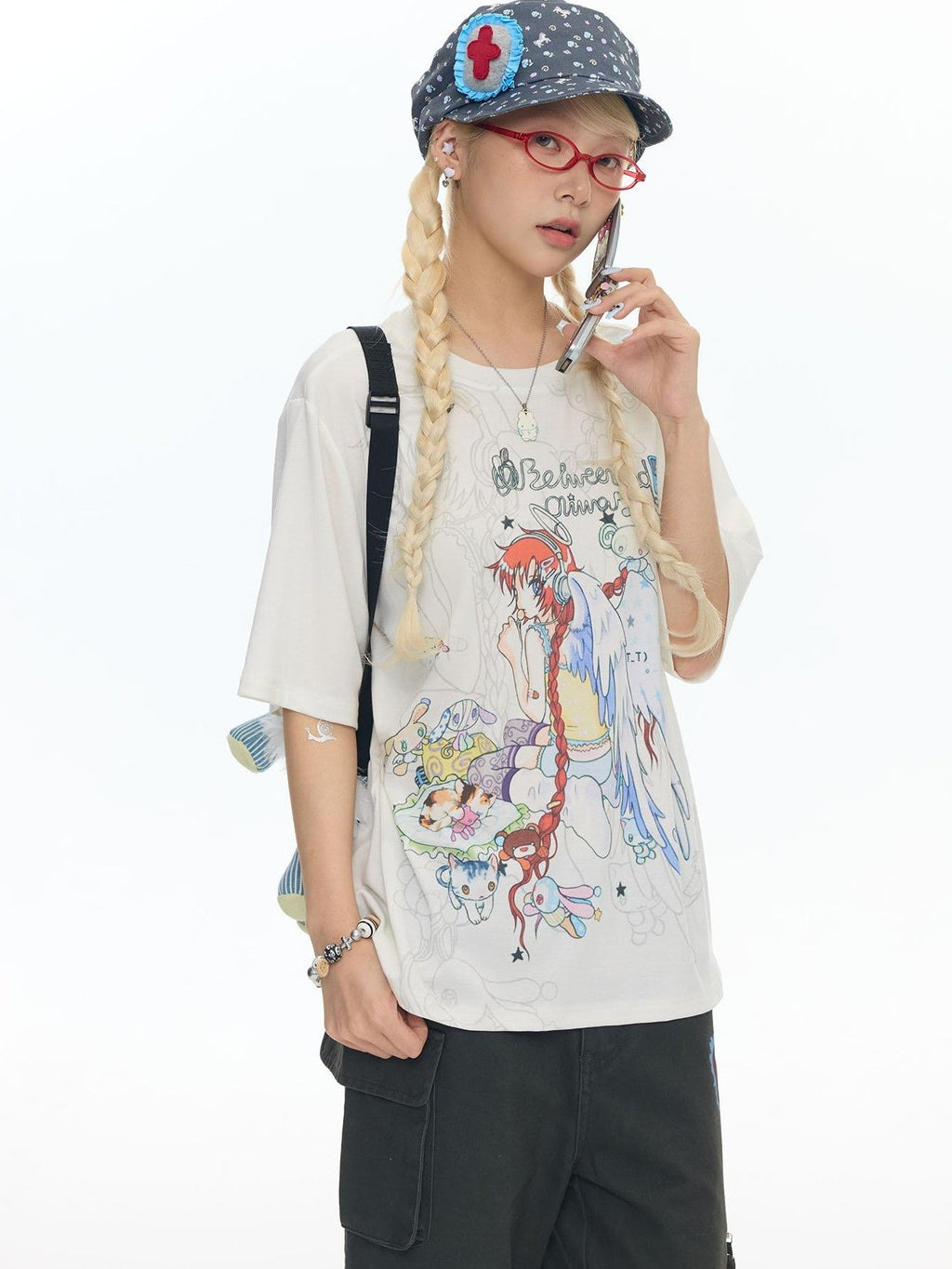Two Tone Illustrated Loose Women's Lyocell Blend Cooling Short Sleeve T-shirts