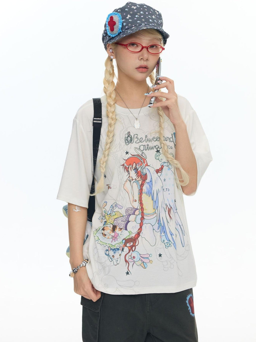 Two Tone Illustrated Loose Women's Lyocell Blend Cooling Short Sleeve T-shirts