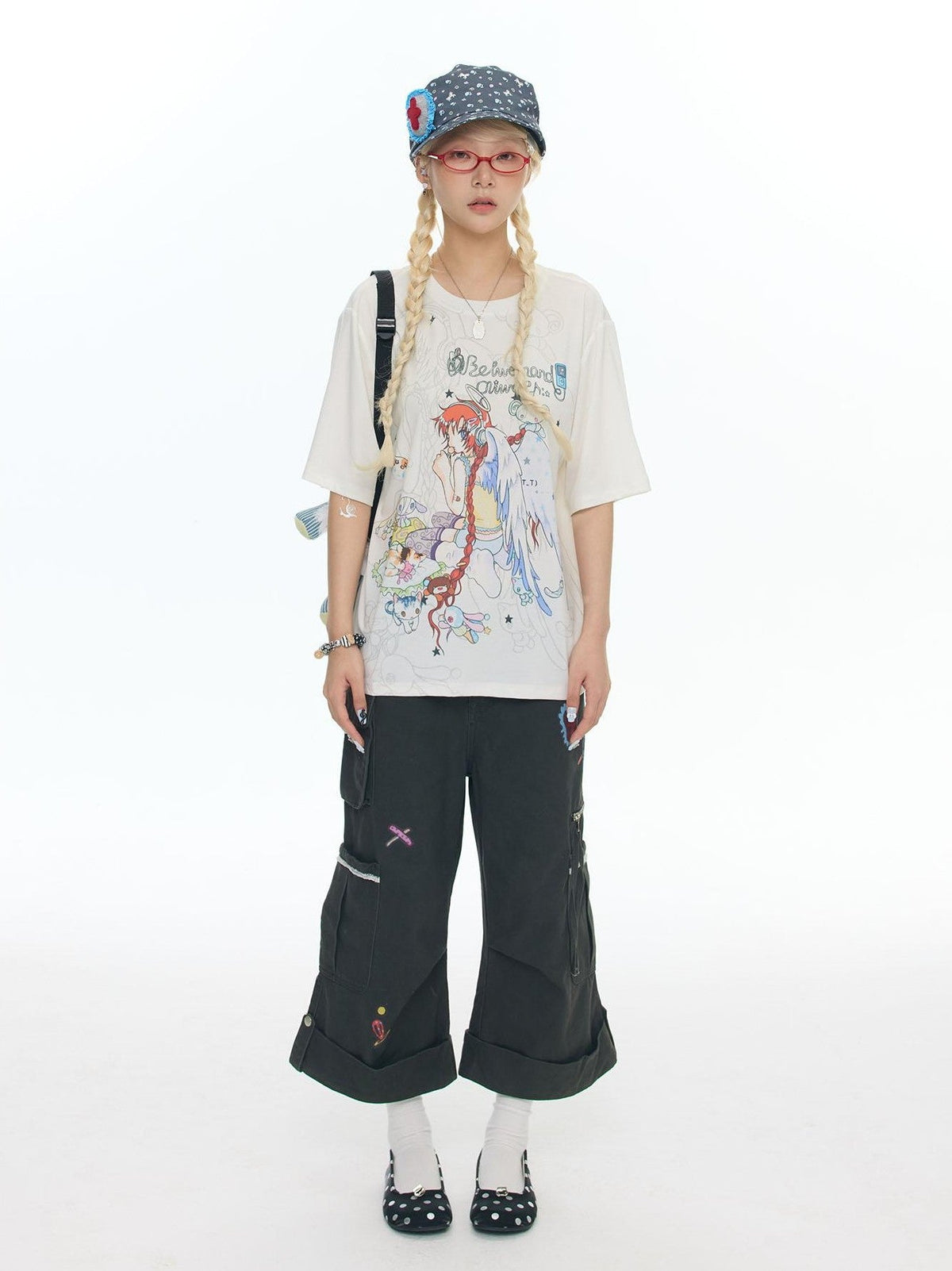 Two Tone Illustrated Loose Women's Lyocell Blend Cooling Short Sleeve T-shirts