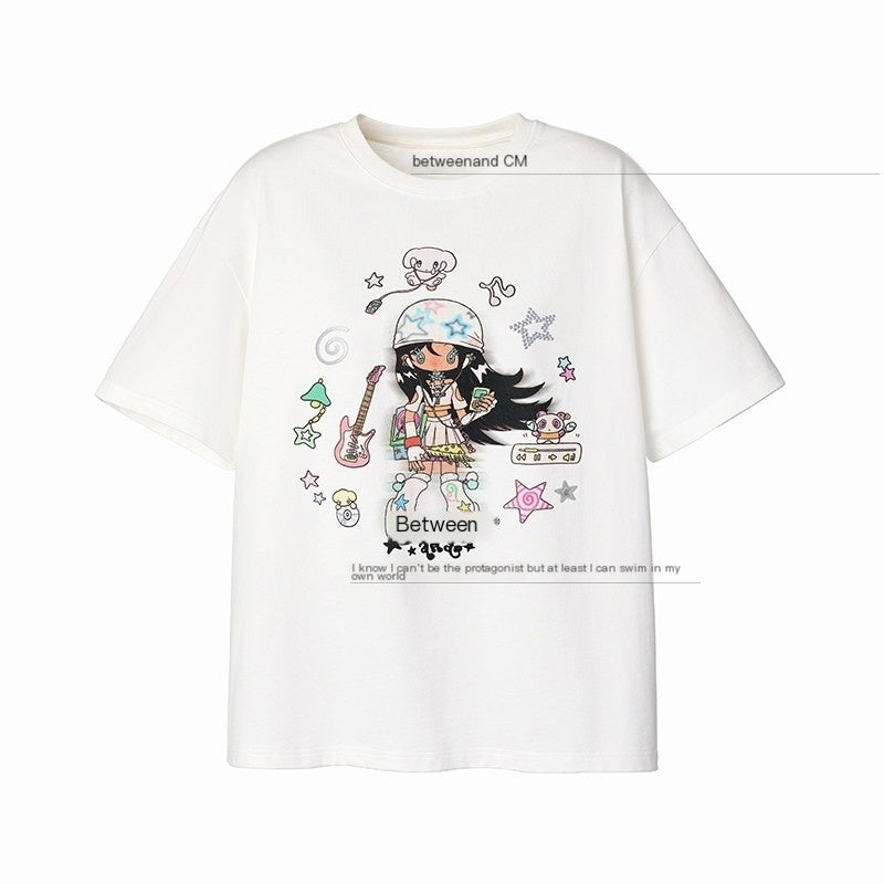 Two Tone Illustration Print Half High Neck Women's Cotton Oversized T-shirts