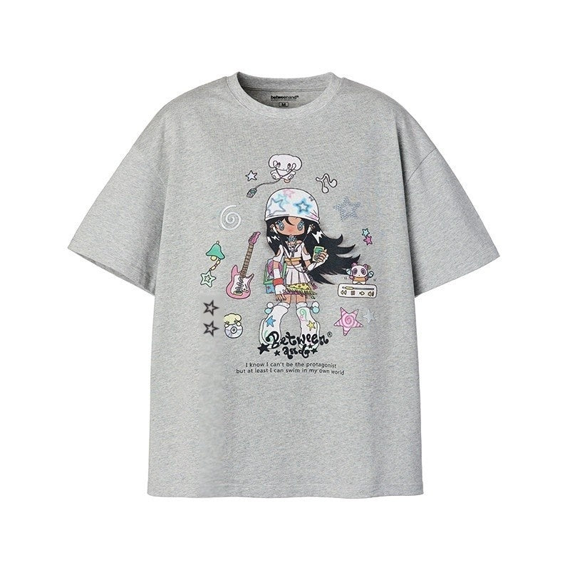 Two Tone Illustration Print Half High Neck Women's Cotton Oversized T-shirts