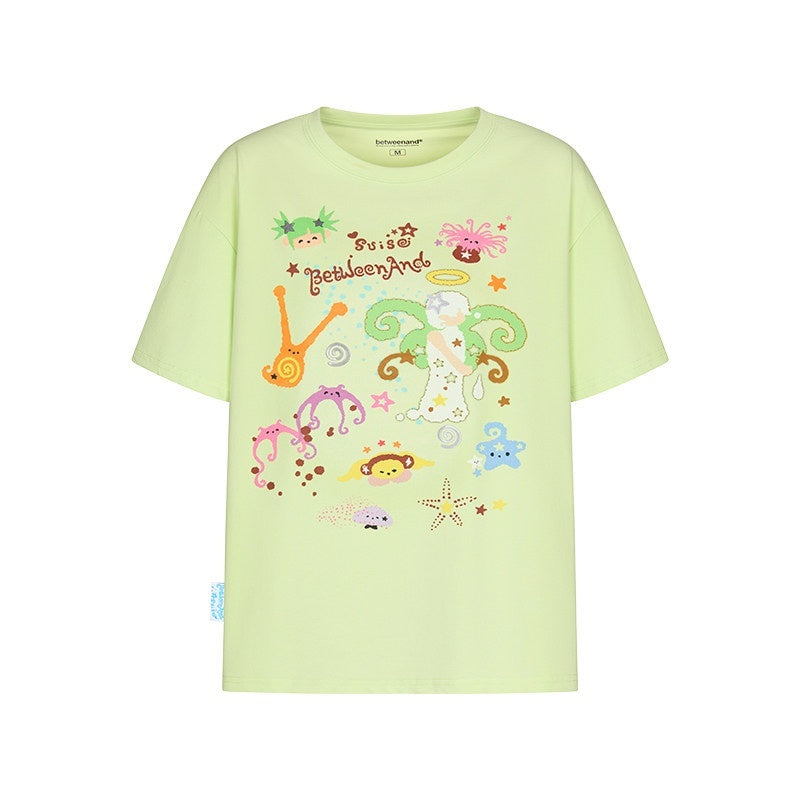 Two Tone Printed Round Neck Women's Cotton Blend Oversized T-shirts
