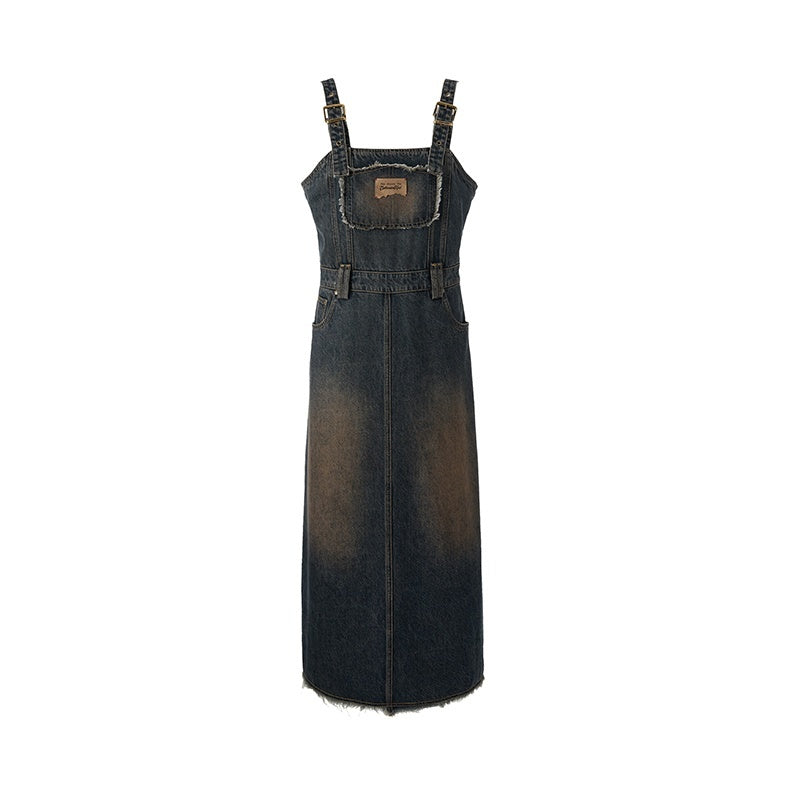 Vintage Collegiate High Waist Denim Pinafore Women's Casual Midi Dresses