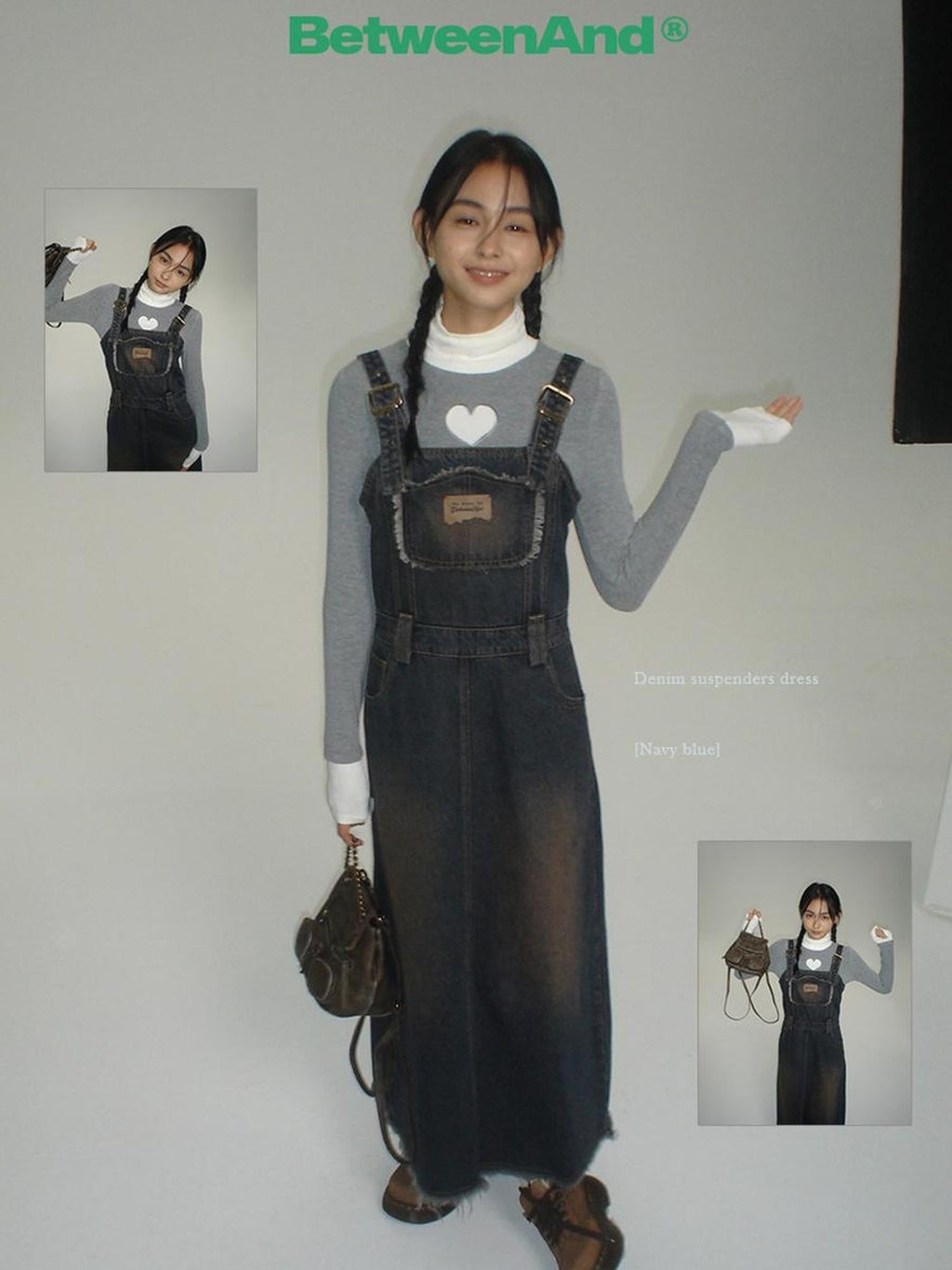 Vintage Collegiate High Waist Denim Pinafore Women's Casual Midi Dresses