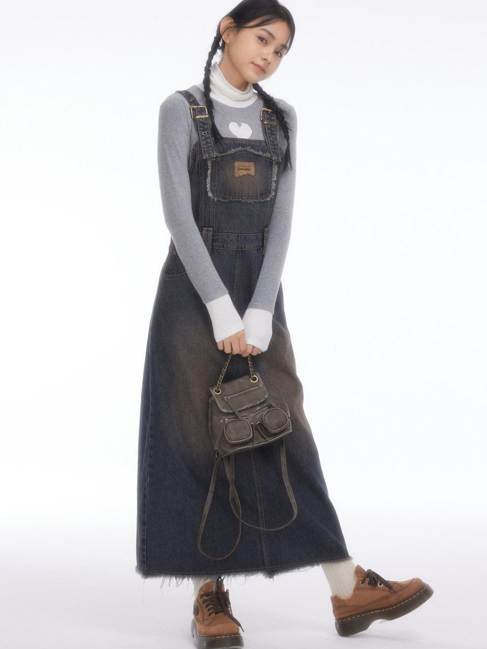 Vintage Collegiate High Waist Denim Pinafore Women's Casual Midi Dresses
