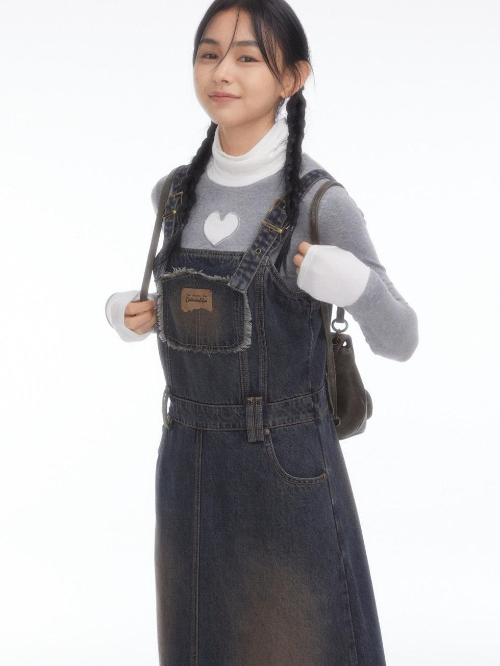Vintage Collegiate High Waist Denim Pinafore Women's Casual Midi Dresses