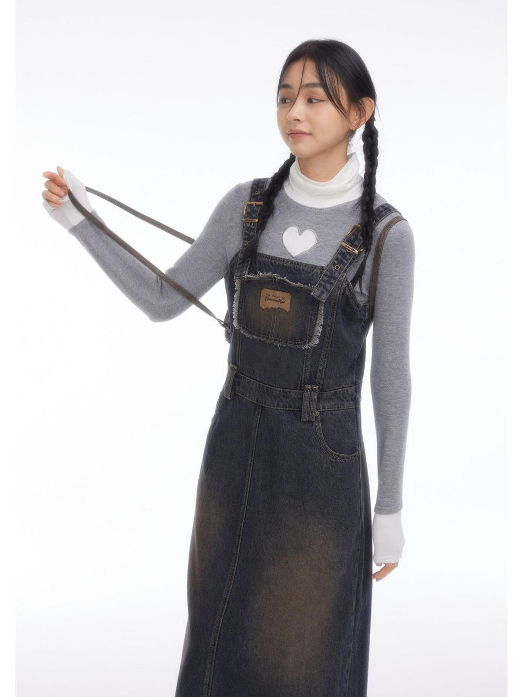 Vintage Collegiate High Waist Denim Pinafore Women's Casual Midi Dresses