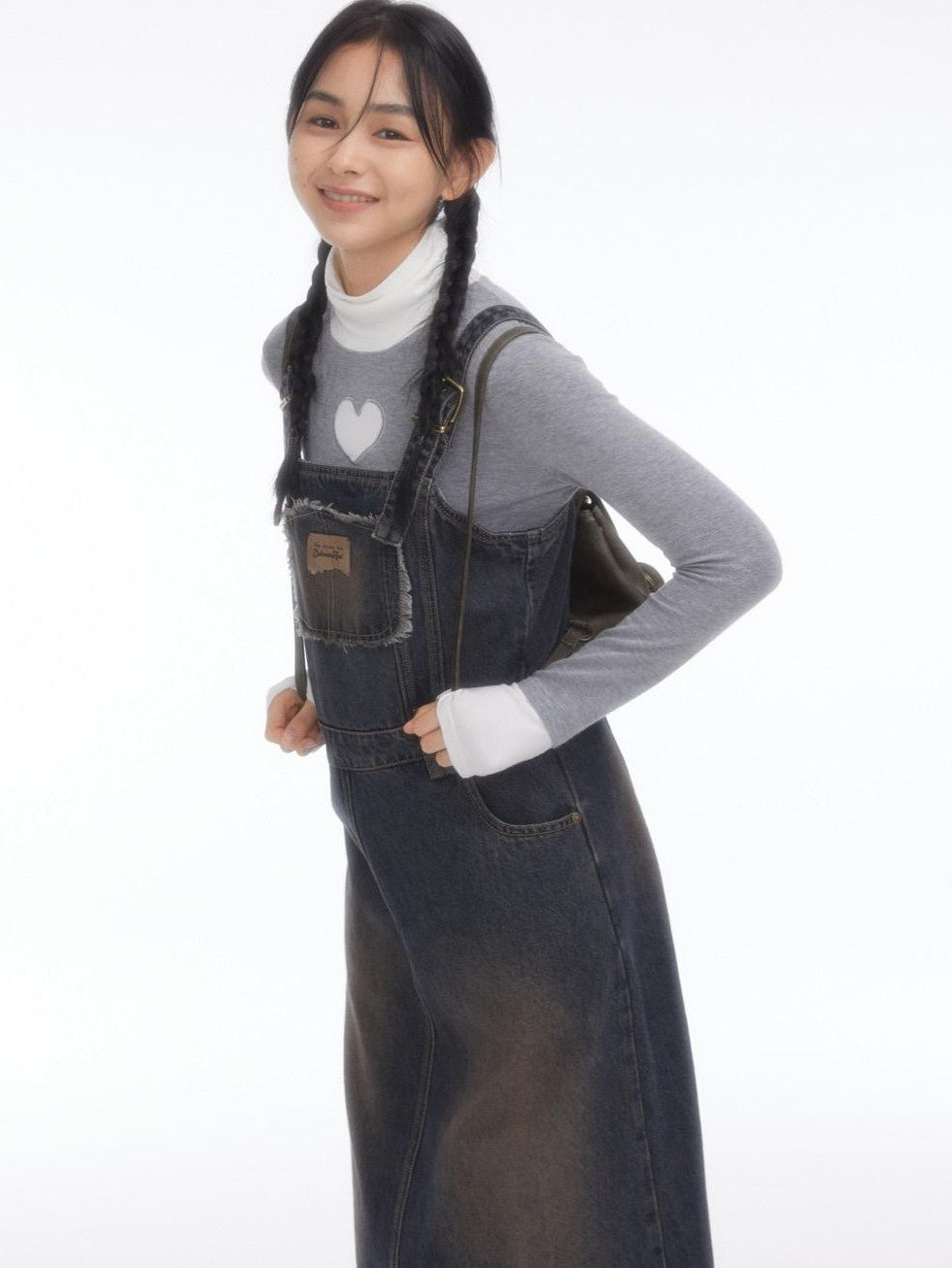 Vintage Collegiate High Waist Denim Pinafore Women's Casual Midi Dresses