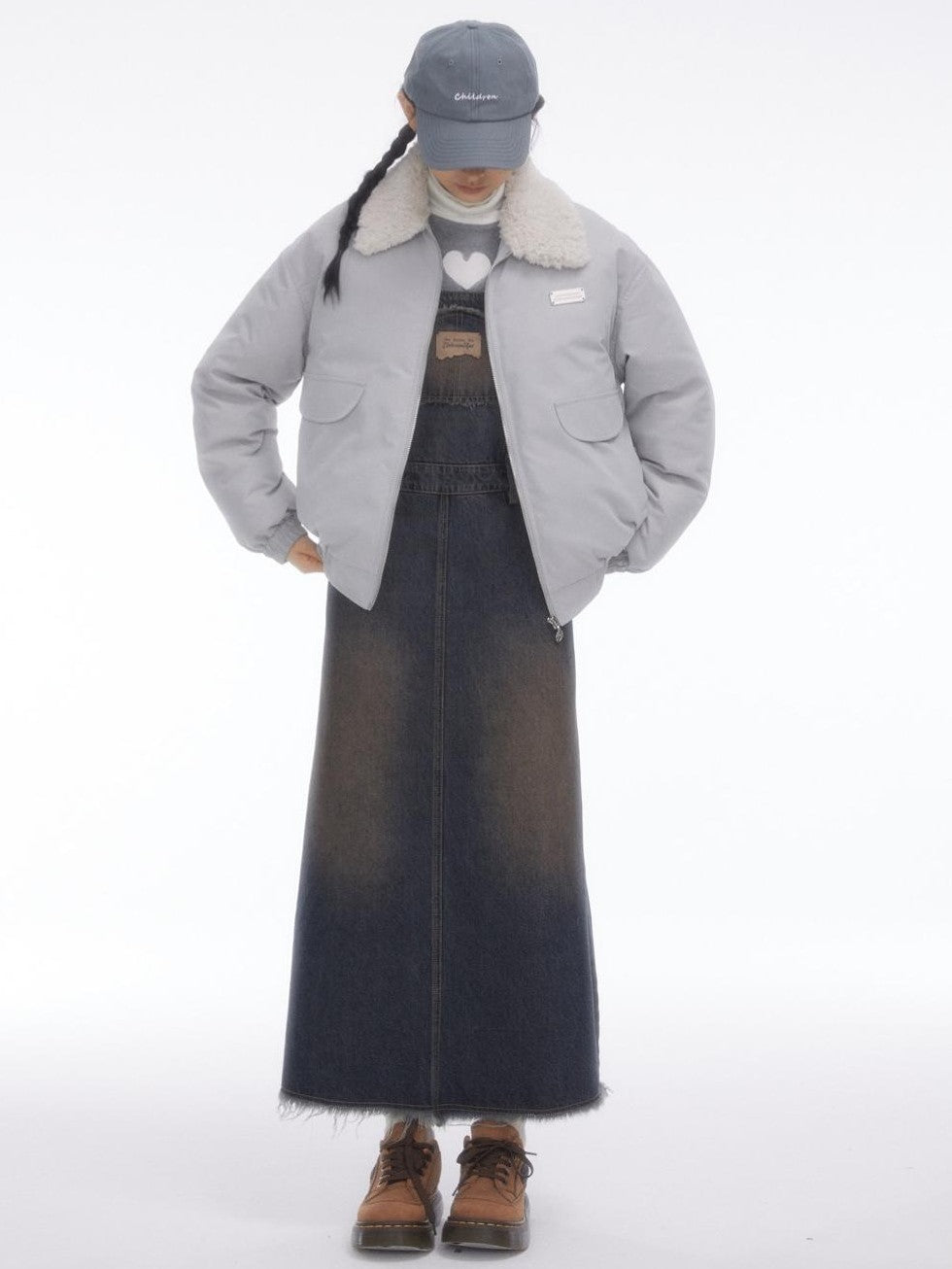 Vintage Collegiate High Waist Denim Pinafore Women's Casual Midi Dresses