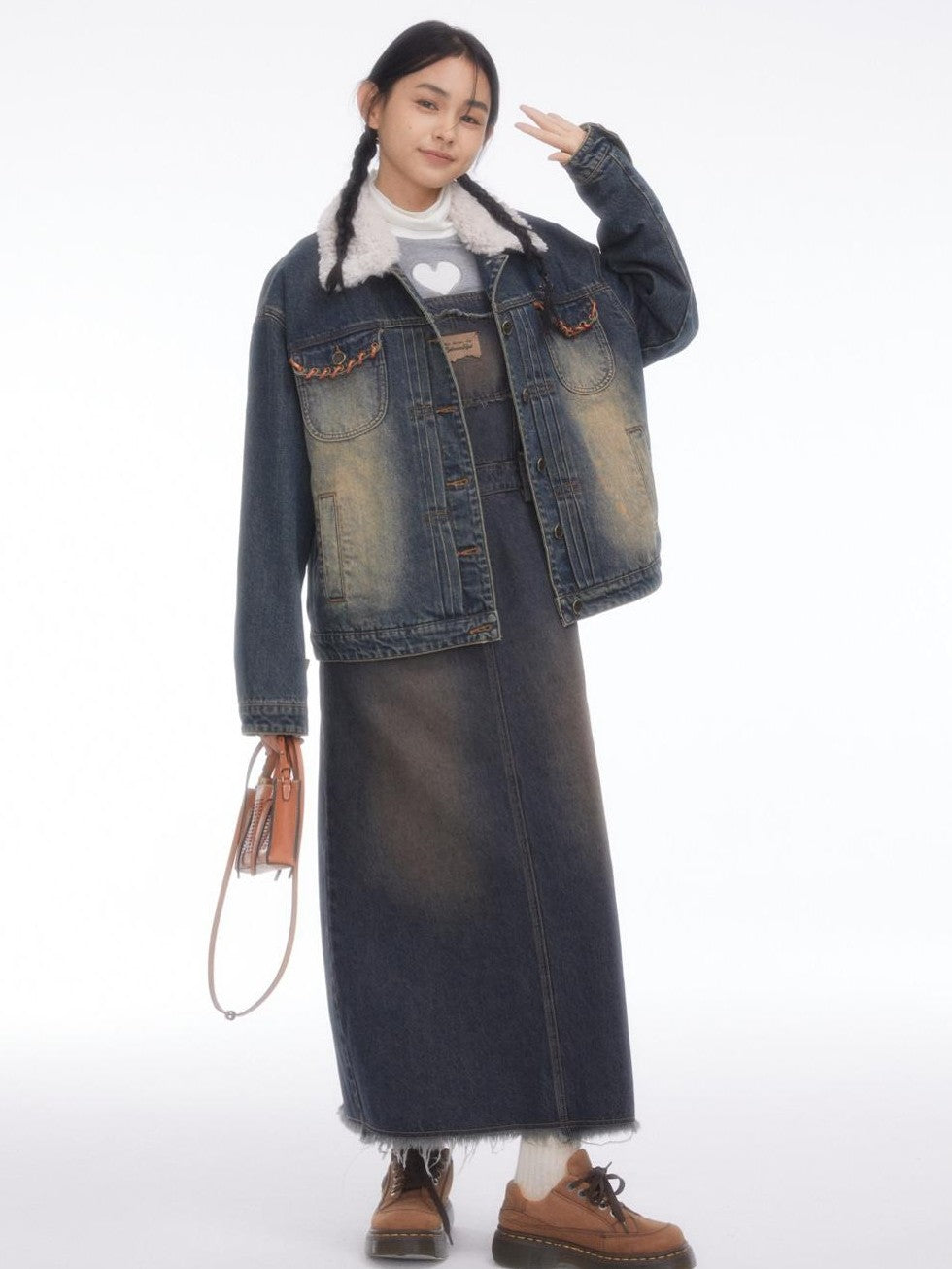 Vintage Collegiate High Waist Denim Pinafore Women's Casual Midi Dresses