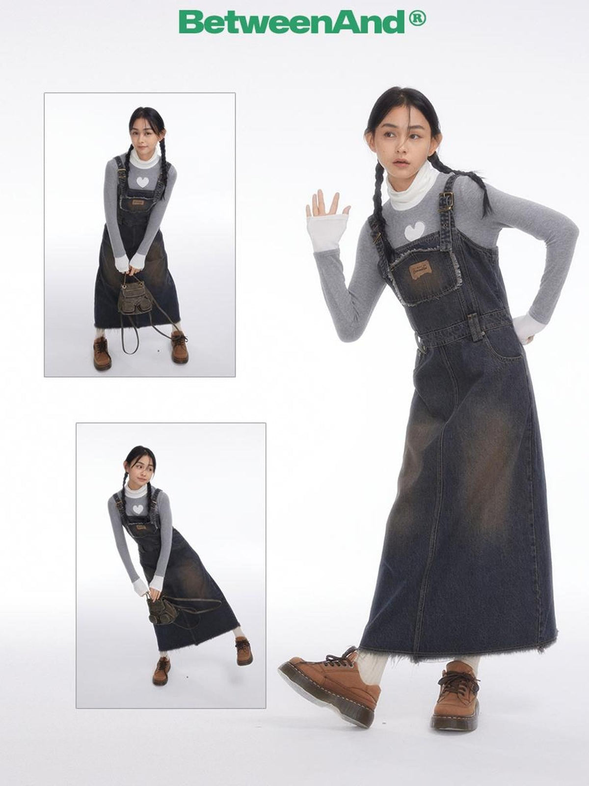 Vintage Collegiate High Waist Denim Pinafore Women's Casual Midi Dresses