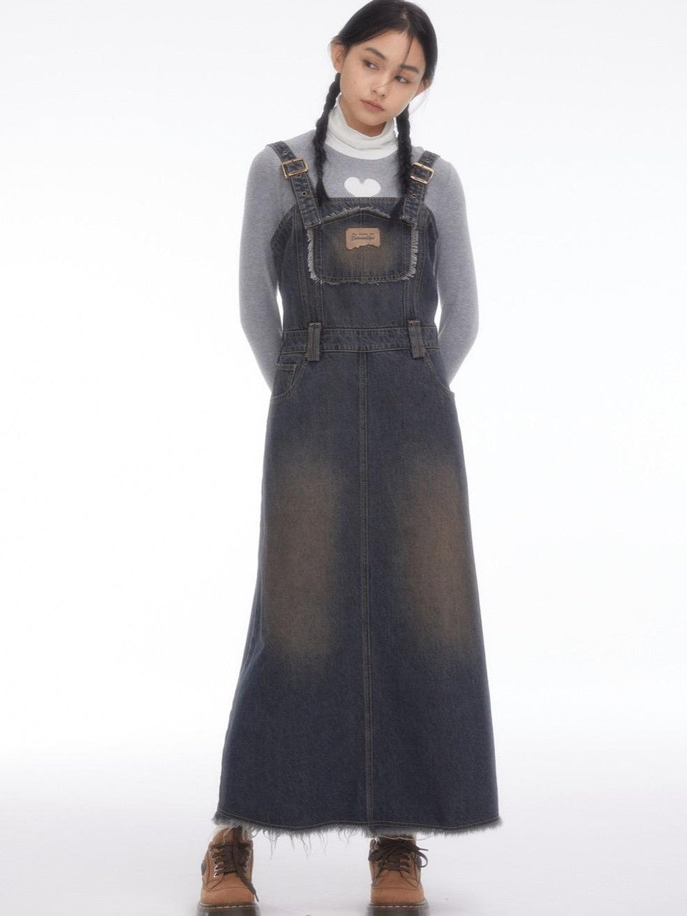 Vintage Collegiate High Waist Denim Pinafore Women's Casual Midi Dresses