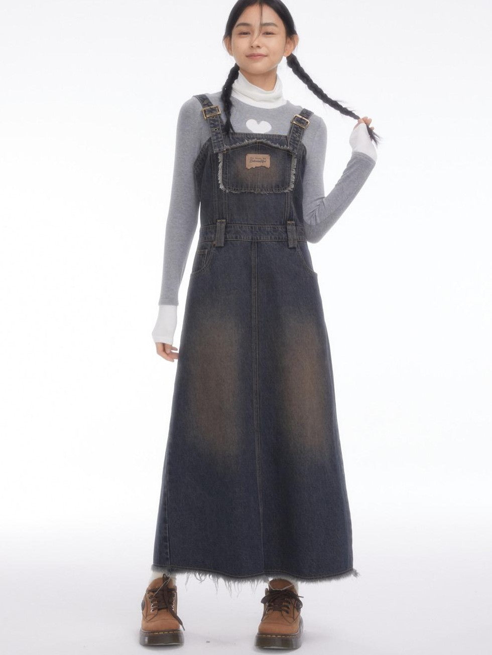 Vintage Collegiate High Waist Denim Pinafore Women's Casual Midi Dresses
