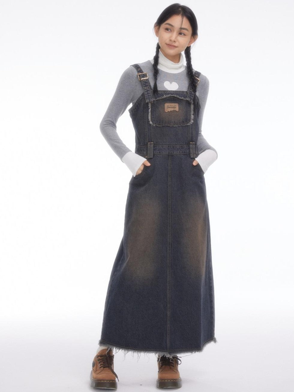 Vintage Collegiate High Waist Denim Pinafore Women's Casual Midi Dresses